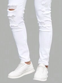 SHEIN Leap Crew 少年男孩休閒實色撕裂牛仔褲