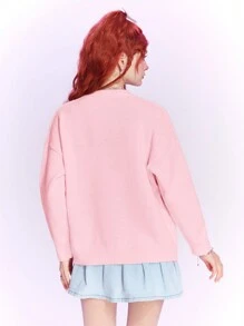 The Powerpuff Girls | ROMWE Cárdigan Con Botonera En Terciopelo Y Estampado De Caricaturas Para Mujer Con Hombro Caído - Rosa - Ver 5