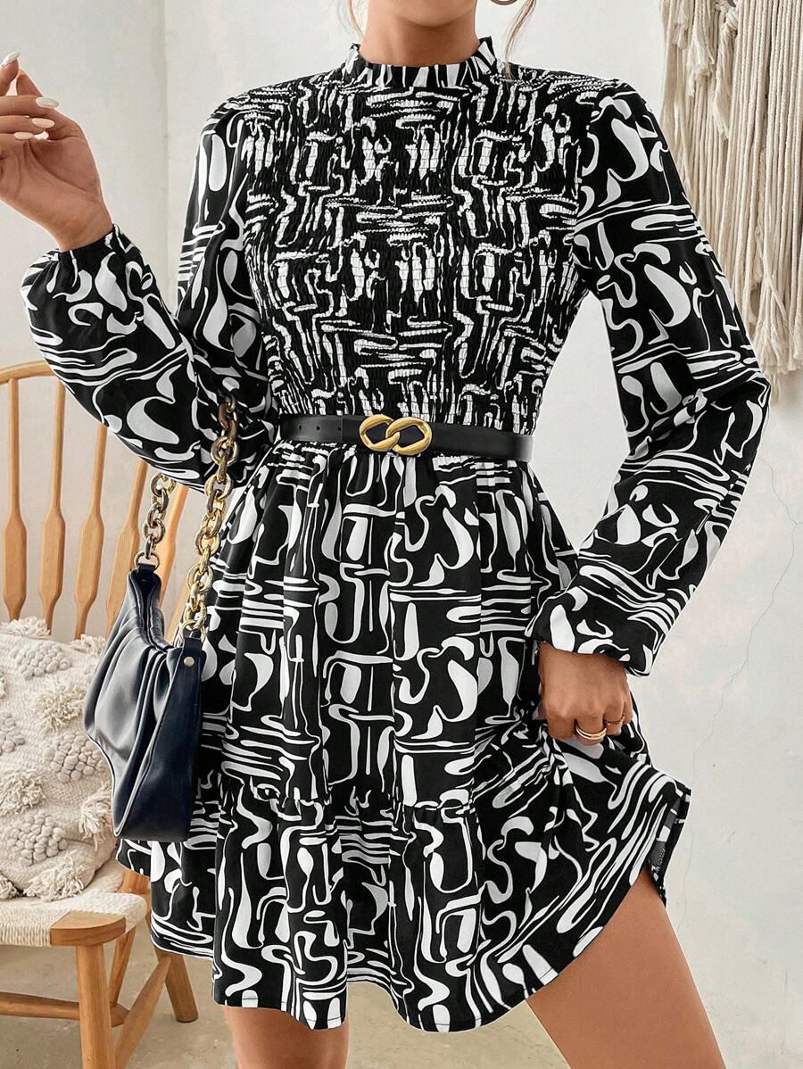 SHEIN Clasi 女款燈籠袖全印花洋裝 - 黑與白 - 查看 1