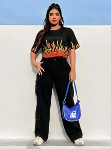 Coolane Plus Size Casual Contrast Color Flame Print Cropped Summer T-Shirt - Multicolor - View 4
