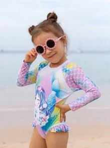 少女美人魚印花一片式泳衣,前面有襯裡,適合夏季沙灘穿著 - 彩色 - 查看 7