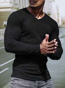 NITAGUT 男士V領羅紋針織T恤 - 黑色 - 查看 1