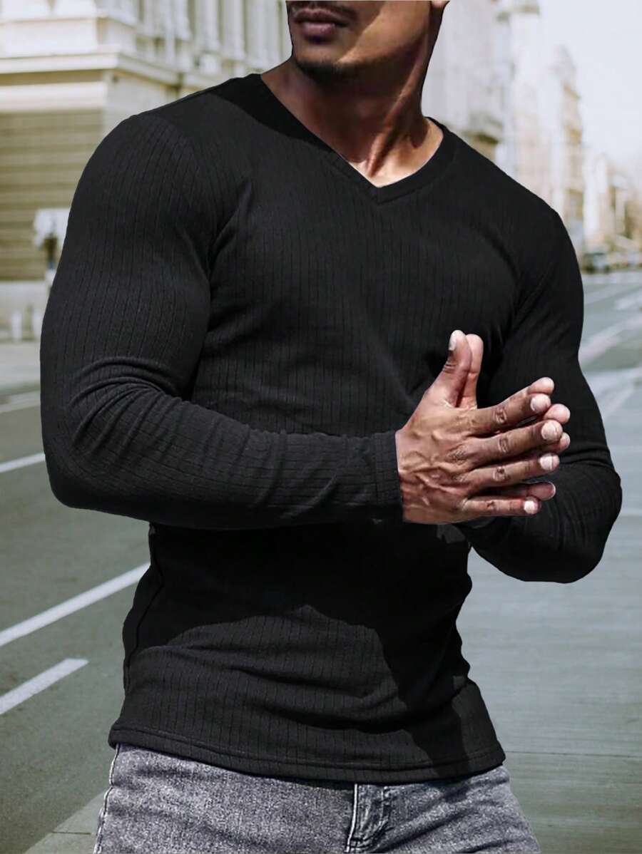 NITAGUT 男士V領羅紋針織T恤 - 黑色 - 查看 1