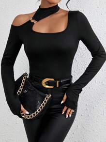 Xyvia Solid Color Asymmetrical Neckline Slim Fit T-Shirt Fall Cloth For Women - Black - View 6