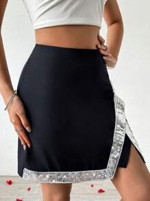 SHEIN Privé Falda Con Dobladillo Asimétrico Con Lentejuelas En Contraste - Negro - Ver 6
