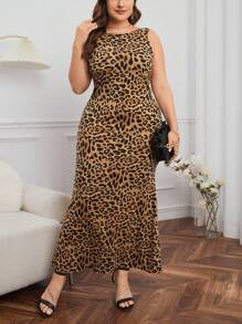 SHEIN Privé Plus Size Leopard Print Backless Dress - Khaki - View 1