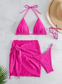 SHEIN Swim Women's Solid Color Bikini Set Valentine Summer Beach - Hot Pink - View 1