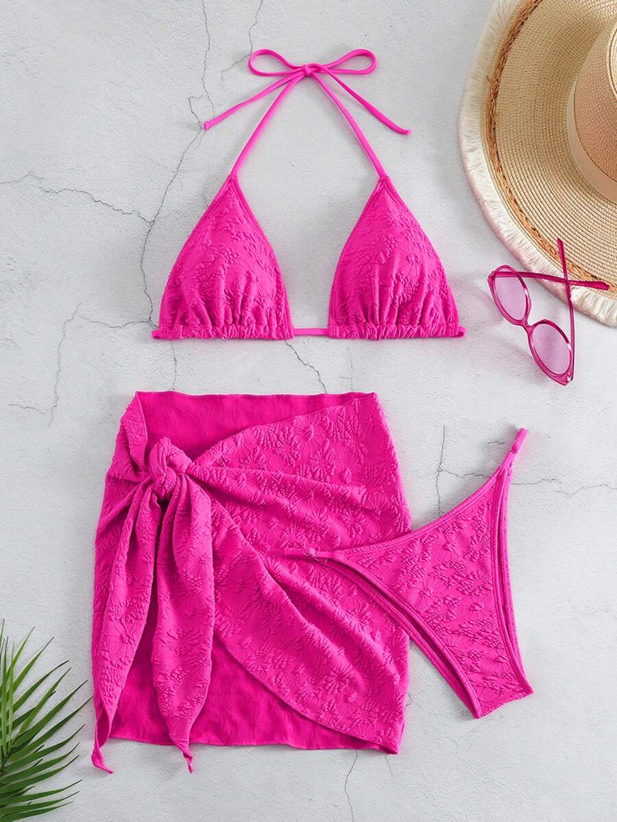 SHEIN Swim Women's Solid Color Bikini Set Valentine Summer Beach - Hot Pink - View 1