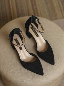 女款高跟鞋，黑色麂皮專業厚跟高跟鞋，金屬扣釦，鑲嵌鑽石優雅中空羅馬風格復古款式 - 黑色 - 查看 4