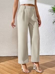 SHEIN PETITE Solid Color Straight-Leg Pants - Beige - View 4