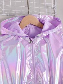 Teen Girls' Laser Reflective Zipper Front Hooded Top And Shorts Set - Violet Purple - View 4