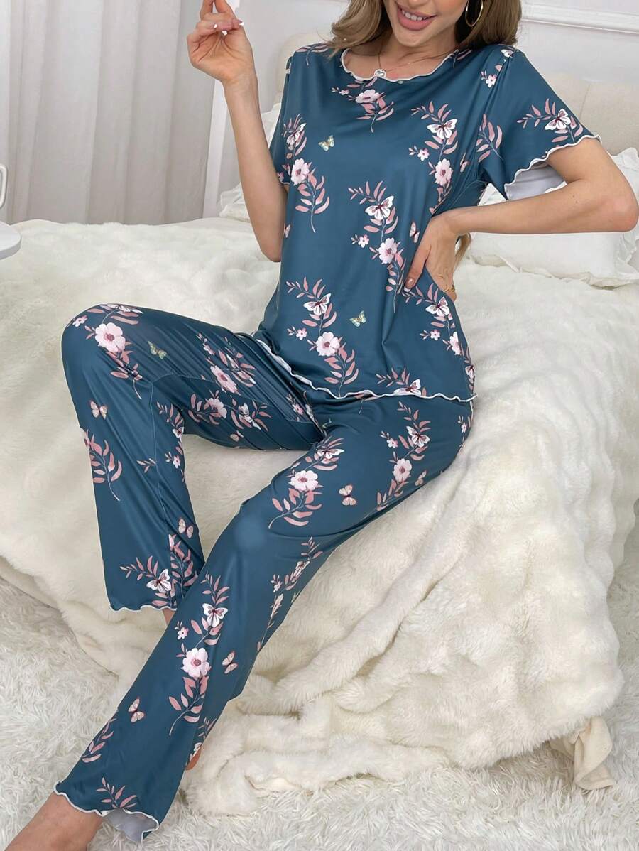 花卉印花短袖t恤長褲睡衣套裝 - 霧霾藍 - 查看 1