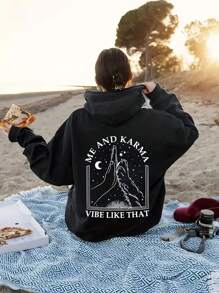 SHEIN EZwear 女款高五字母印花抽繩連帽抓絨運動衫 - 黑色 - 查看 1