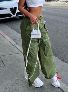 Solid Zipper Detail Flap Pocket Cargo Trousers - Green - View 5