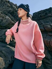 In My Nature Funnel Neck Drop Shoulder Sleeve Outdoor Sweatshirt - Pink - View 6