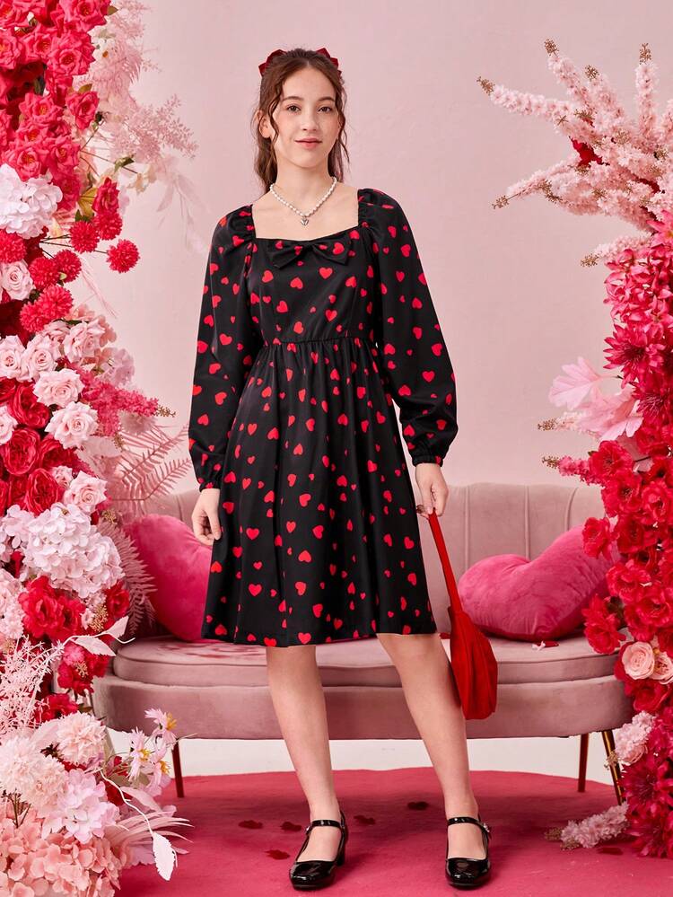 Teen Girls' Sweetheart Neckline Heart Print Dress