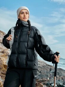 In My Nature Women's Zip Front Stand Collar Padded Coat With Letter Patch - Black - View 5