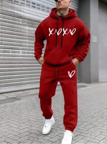 Manfinity Homme 男士愛心圖案連帽衛衣和長褲套裝,帶拉繩 - 紅色 - 查看 1