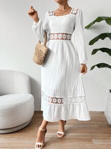 SHEIN Frenchy Women's Embroidery Patchwork Hollow Out Dress - White - View 4