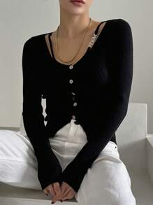 DAZY Women's Black Solid Color Hollow Slim Cardigan - Black - View 1