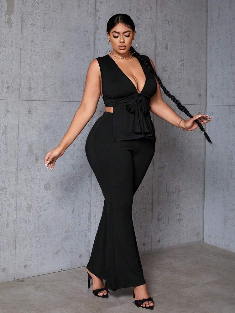 Women Plus Size Solid Color V-Neck Tie Front Top & Flared Pants Set For Valentine's Day