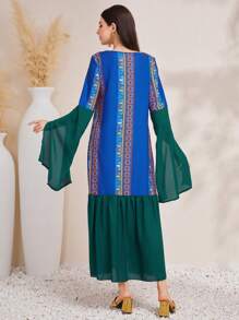 Al Najma Women's Geometric Pattern Bell Sleeve Arabian Dress - Blue - View 2