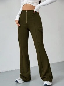 SHEIN EZwear Women's Zip Fly Side Pocket Trousers - Army Green - View 3