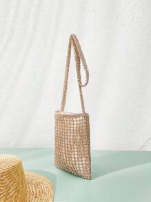 SHEIN VCAY Bolsa De Praia De Verão Trançada E Vazada, Bolsa De Palha Trançada, Bolsa De Tecido Trançado, Perfeita Para Viagem De Verão, Ao Ar Livre E Férias