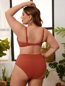 SHEIN Swim Curve Summer Beach Plus Size Women's Split Style Bikini Set With Scalloped Edge New Year - Rust Brown - View 2