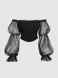 SHEIN MOD พลัสไซส์ เสื้อครอปท็อป ผู้หญิง เปิดไหล่ ตาข่าย พร้อม แขนเสื้อใบบัว