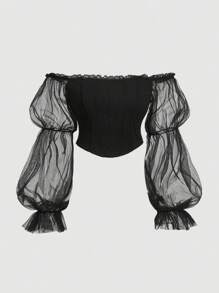 SHEIN MOD Plus Size Women's Off Shoulder Mesh Crop Top With Lotus Leaf Sleeves - Black - View 1