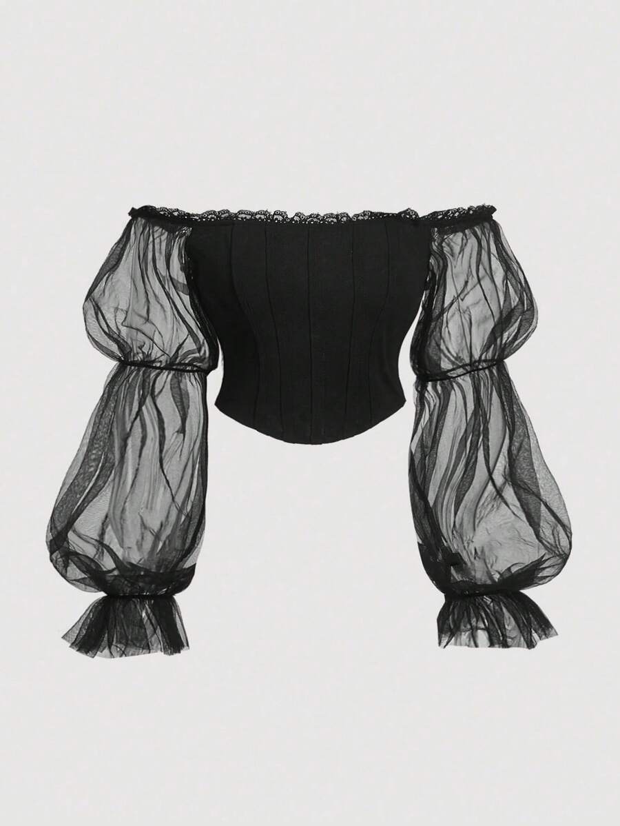 SHEIN MOD Plus Size Women's Off Shoulder Mesh Crop Top With Lotus Leaf Sleeves - Black - View 1