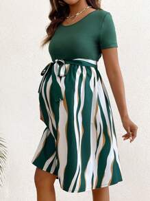 SHEIN Maternity Short Sleeve Belted Dress - Green - View 4
