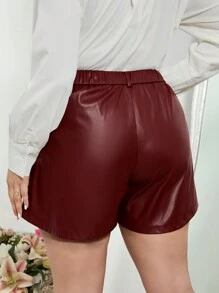 SHEIN Privé 大尺碼優雅 Pu 皮短褲 - 酒紅色 - 查看 2