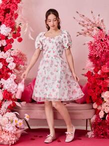 Teenagers (Girls) Organza Floral Print Dress - Multicolor - View 4