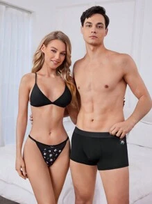 男士花卉印花平角內褲 - 黑色 - 查看 1