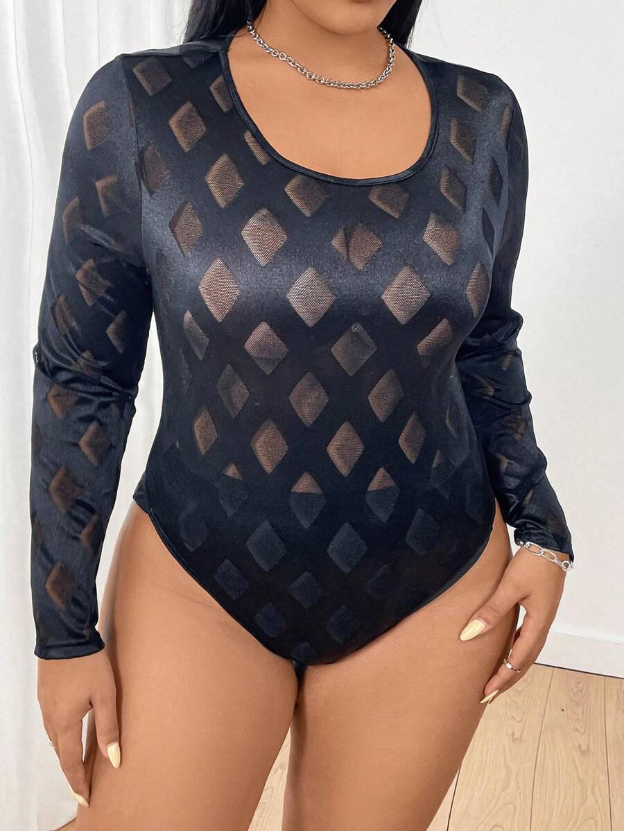 Flirla Women's Plus Size Contrast Mesh Long Sleeve Bodysuit - Black - View 1