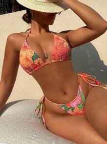 SHEIN Swim 女士印花加厚胸墊領後綁式比基尼套裝，綁帶式比基尼套裝，沙灘泳衣夏季假期裝扮 - 彩色 - 查看 1