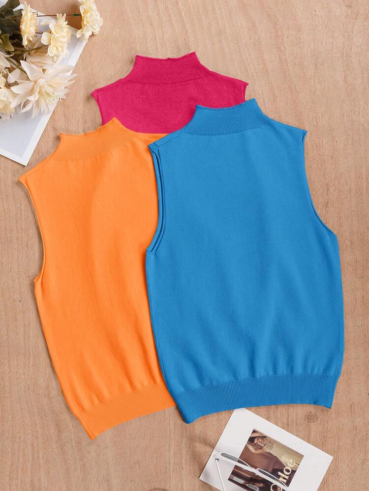 Women's Stand Collar Solid Color Knitted Top Three-Piece Set