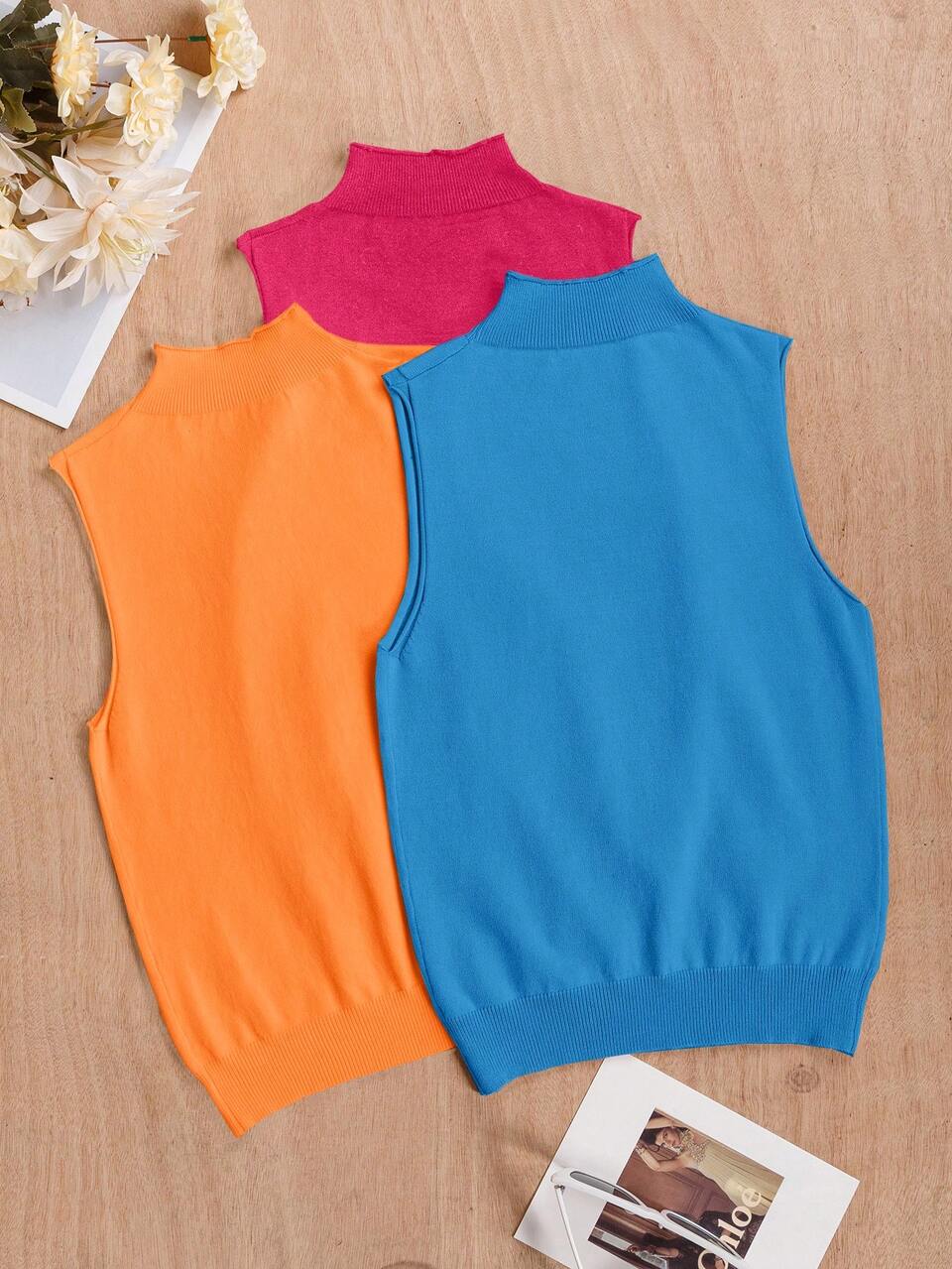 Women's Stand Collar Solid Color Knitted Top Three-Piece Set