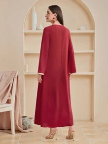 Al Najma Women's Embroidered Patchwork Square Neck Dress Kaftan Jalabiya Dress - Red - View 2