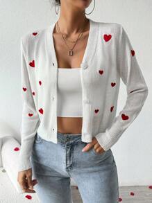 SHEIN LUNE 女士心形刺绣纽扣针织开衫套头毛衣，秋冬款 - 白色 - 查看 4