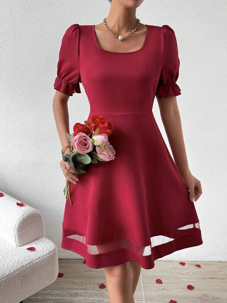 SHEIN Clasi Vestido de mujer de cuello cuadrado en unicolor con detalles de malla en contraste - Burdeos - Ver 5