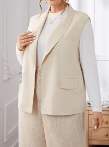 SHEIN Privé Plus Size Solid Elegant Sleeveless Blazer Jacket - Khaki - View 4