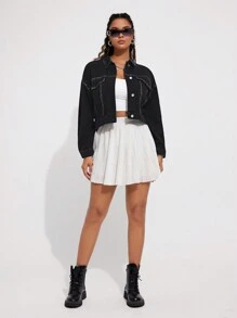 SHEIN EZwear 女裝落肩長袖牛仔外套 - 黑色 - 查看 2