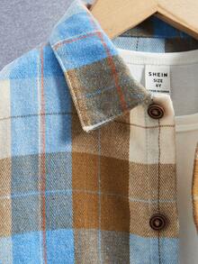 SHEIN 男孩休閒淺藍色軍風格格子襯衫，舒適且多功能，適用於春、夏、秋，適合4-7歲，適用於學校、戶外和家庭 - 彩色 - 查看 4