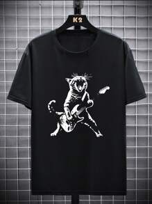 Camiseta de manga corta con estampado de gato tocando la guitarra para hombre