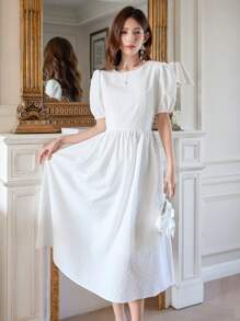 DAZY 女士圆领短款泡泡袖连衣裙太阳裙，休闲女士连衣裙 - 白色 - 查看 6