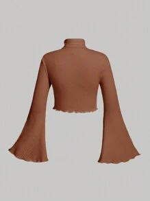SHEIN MOD 大尺碼女士肋紋t卹,配有鐘形袖 - 棕色 - 查看 2
