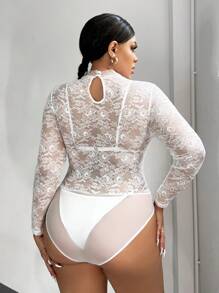 SHEIN SXY Plus Size Polka Dot Mesh Splice Stand Collar Lace Bodysuit - White - View 2